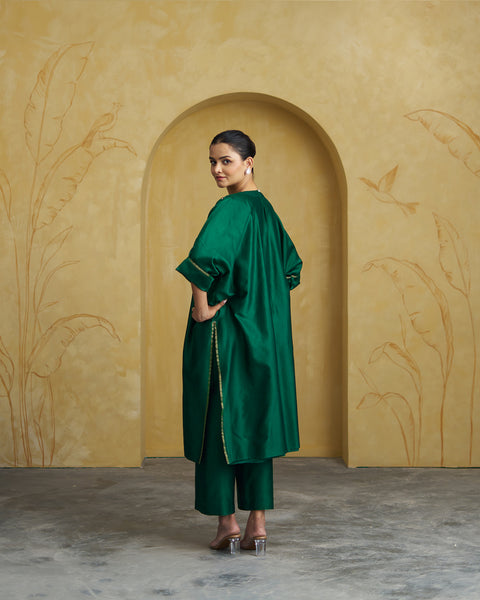 Emerald Green Silk Chanderi Set With Handwork
