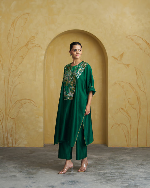 Emerald Green Silk Chanderi Set With Handwork