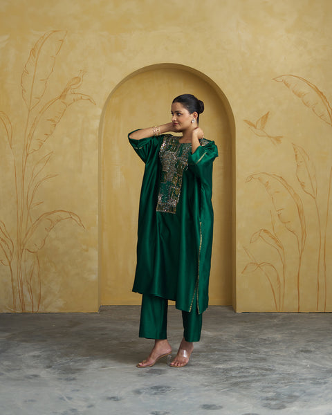 Emerald Green Silk Chanderi Set With Handwork