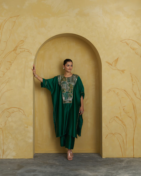 Emerald Green Silk Chanderi Set With Handwork