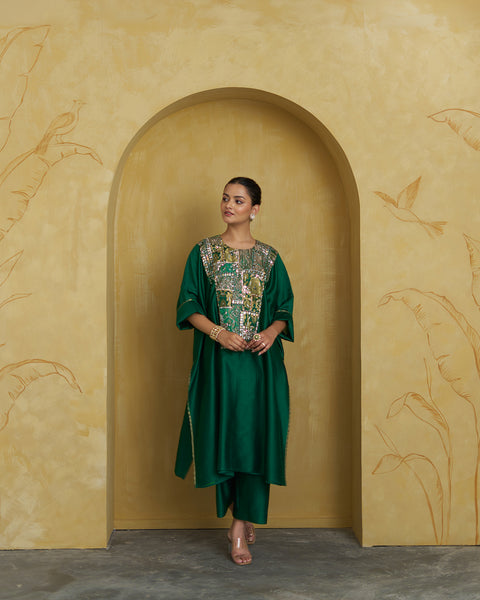 Emerald Green Silk Chanderi Set With Handwork
