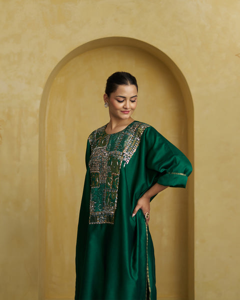 Emerald Green Silk Chanderi Set With Handwork