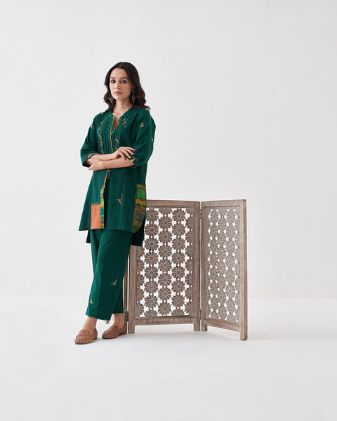 Panna Green Handwoven Cotton Co-ord Set with Handwork