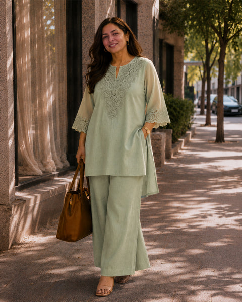 Mint Green Mul Chanderi & Lace Set