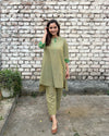 Fresh Green Cross-Weave Handwoven Cotton & Ikat Co-ord Set with Handwork (S-L)