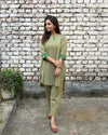 Fresh Green Cross-Weave Handwoven Cotton & Ikat Co-ord Set with Handwork (S-L)
