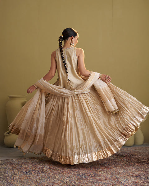 The Gold Silk Tissue Crushed Chanderi Lehenga