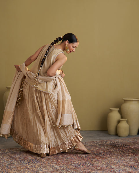 The Gold Silk Tissue Crushed Chanderi Lehenga