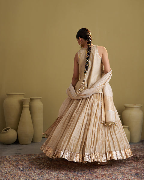 The Gold Silk Tissue Crushed Chanderi Lehenga