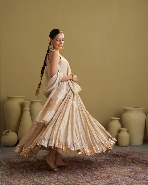 The Gold Silk Tissue Crushed Chanderi Lehenga