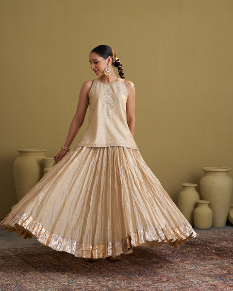The Gold Silk Tissue Crushed Chanderi Lehenga