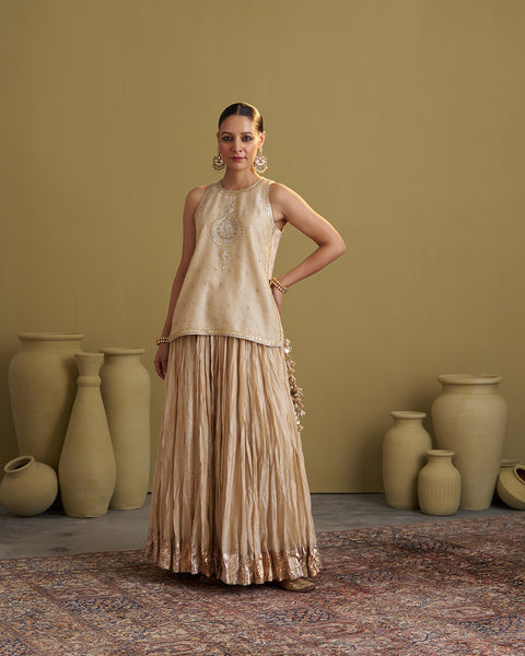 The Gold Silk Tissue Crushed Chanderi Lehenga
