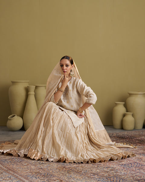 The Gold Silk Tissue Crushed Chanderi Lehenga