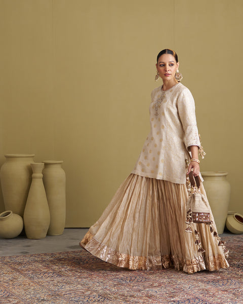 The Gold Silk Tissue Crushed Chanderi Lehenga
