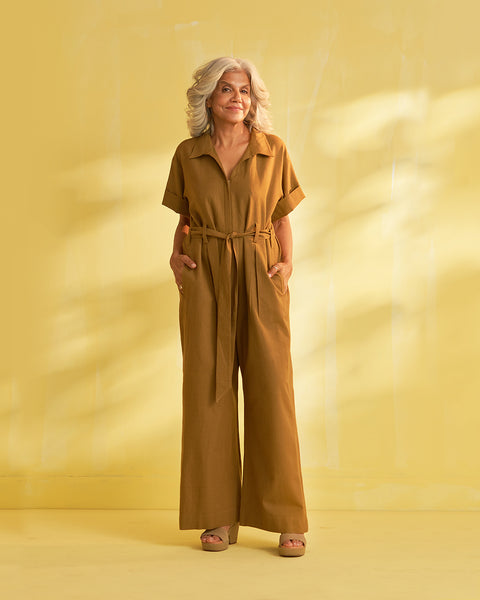 Khakhi Handwoven Cotton Jumpsuit