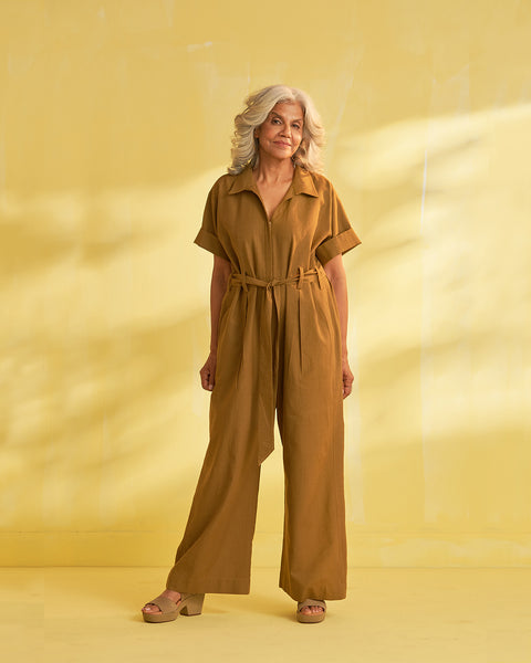 Khakhi Handwoven Cotton Jumpsuit