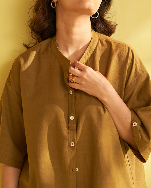 Khakhi Handwoven Cotton Shirt & Shorts Set
