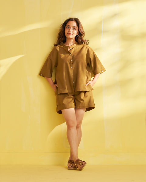 Khakhi Handwoven Cotton Shirt & Shorts Set