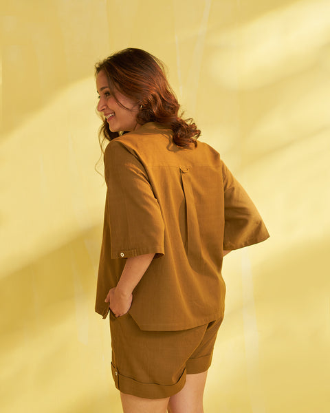 Khakhi Handwoven Cotton Shirt & Shorts Set