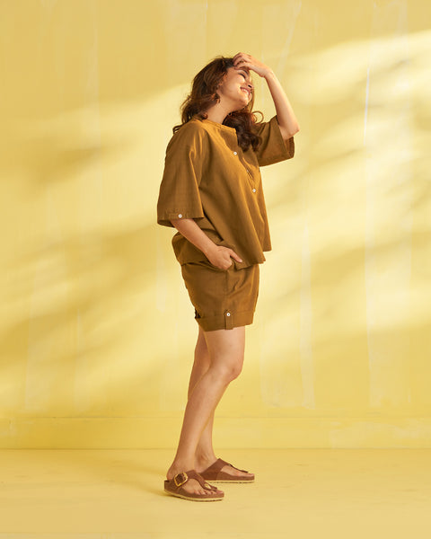 Khakhi Handwoven Cotton Shirt & Shorts Set