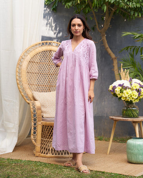 Lavender Pure Mul Tunic with Lace Yoke