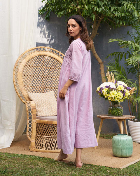 Lavender Pure Mul Tunic with Lace Yoke