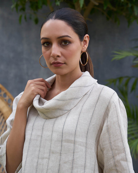 Ivory Beige Striped Cowl Neck Tunic & Pants Set