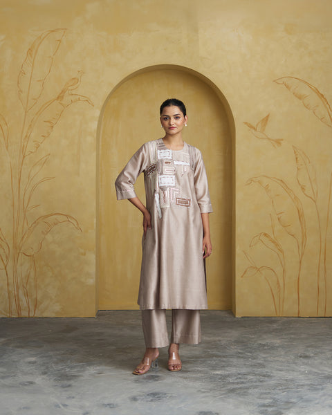 The Pearl Beige Silk Chanderi Set