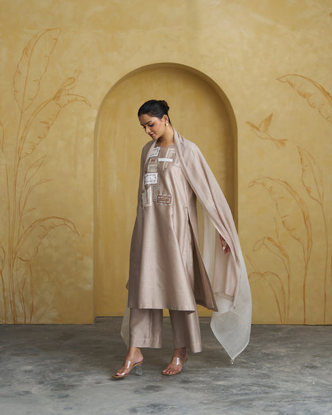 The Pearl Beige Silk Chanderi Set