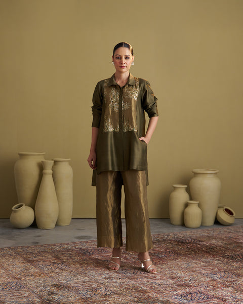 The Olive Green Silk Chanderi Set