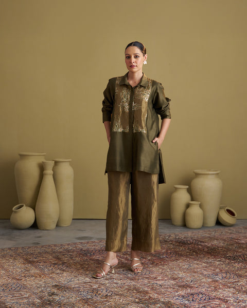 The Olive Green Silk Chanderi Set