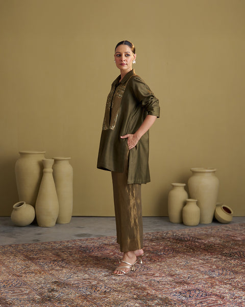 The Olive Green Silk Chanderi Set