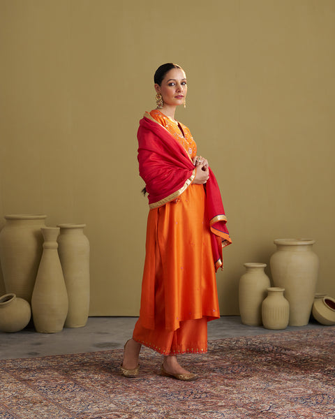 The Narangi Silk Chanderi Set with Handwork