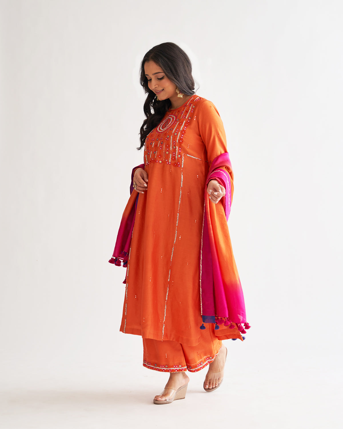 Vaaya | The Narangi Silk Chanderi Set with Handwork– VAAYA