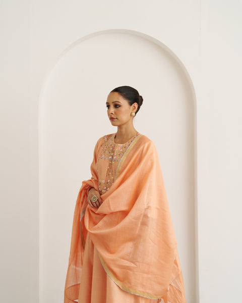 The Peach Sherbet Silk Chanderi Set with Gota Patti Handwork