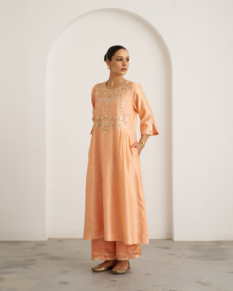 The Peach Sherbet Silk Chanderi Set with Gota Patti Handwork