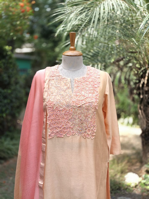 Peach Silk Chanderi Kurta set