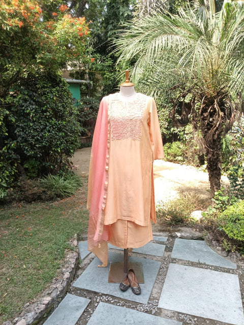 Peach Silk Chanderi Kurta set