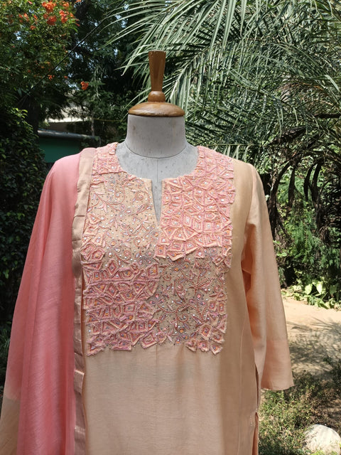 Peach Silk Chanderi Kurta set