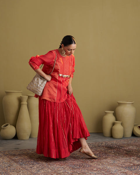 The Alta Red Crushed Chanderi Lehenga with Gota & Handmade Tassels