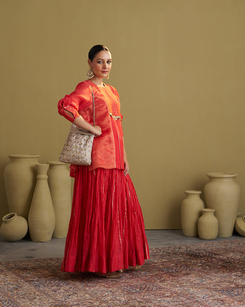 The Alta Red Crushed Chanderi Lehenga with Gota & Handmade Tassels