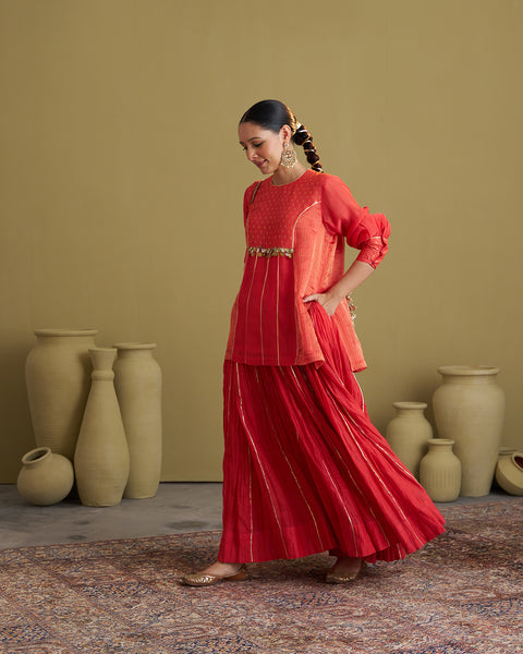 The Alta Red Silk Chanderi & Banarasi Top with Handwork