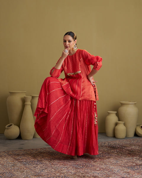 The Alta Red Crushed Chanderi Lehenga with Gota & Handmade Tassels
