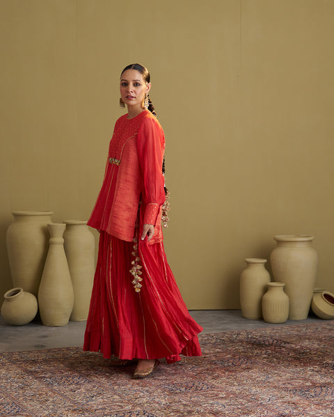 The Alta Red Crushed Chanderi Lehenga with Gota & Handmade Tassels