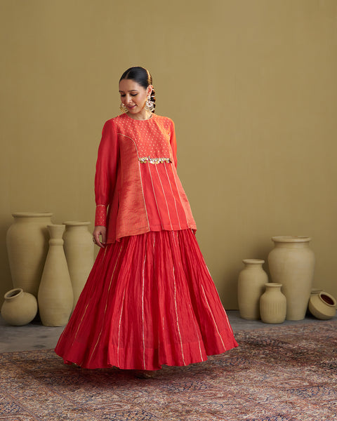 The Alta Red Crushed Chanderi Lehenga with Gota & Handmade Tassels