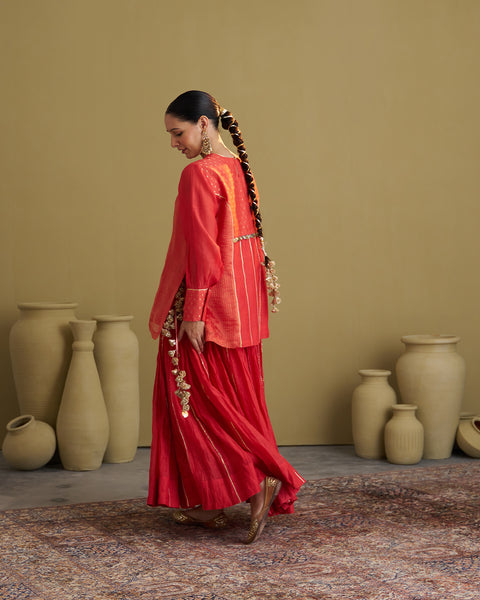 The Alta Red Crushed Chanderi Lehenga with Gota & Handmade Tassels