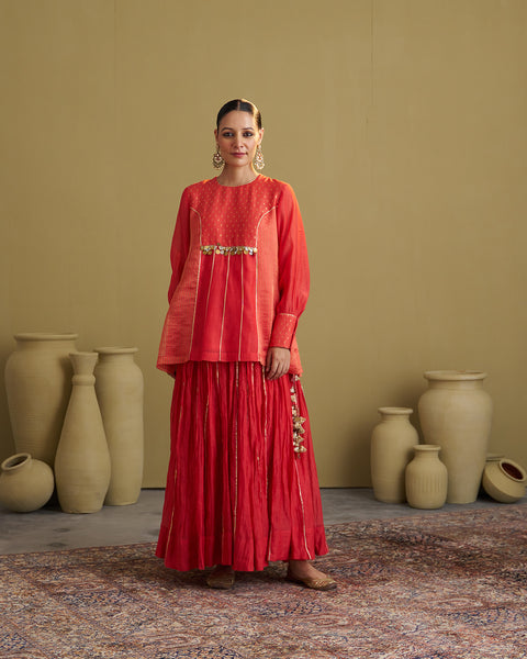 The Alta Red Silk Chanderi & Banarasi Top with Handwork
