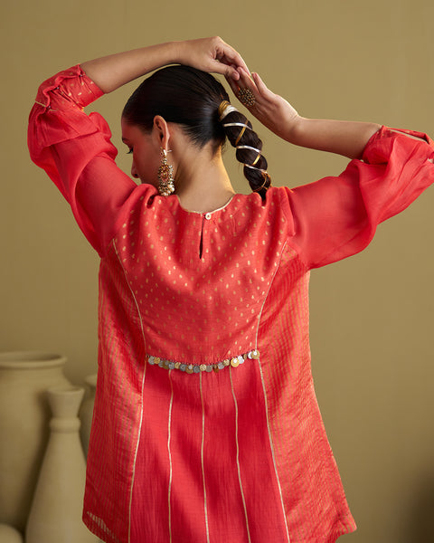 The Alta Red Silk Chanderi & Banarasi Top with Handwork