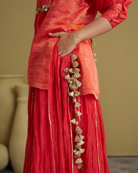 The Alta Red Crushed Chanderi Lehenga with Gota & Handmade Tassels
