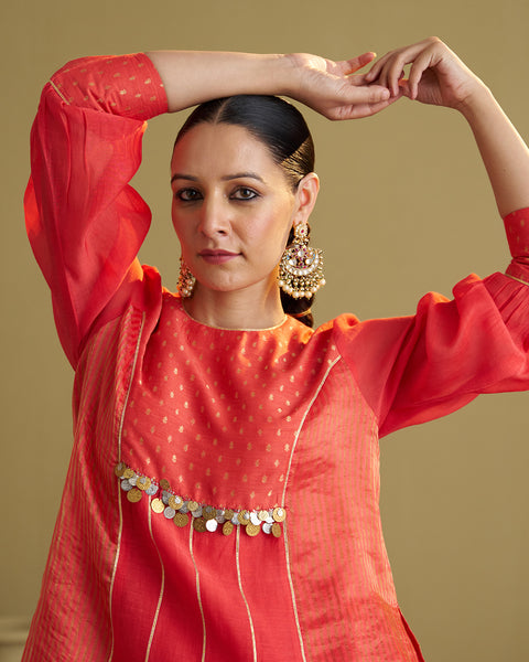 The Alta Red Silk Chanderi & Banarasi Top with Handwork